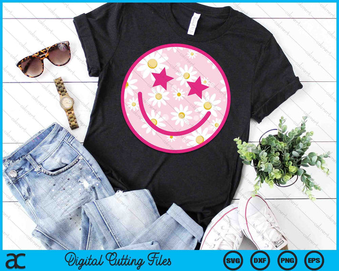 Grappig roze blij gezicht Daisy Flower Smile Face Trendy SVG PNG digitaal snijden-bestand