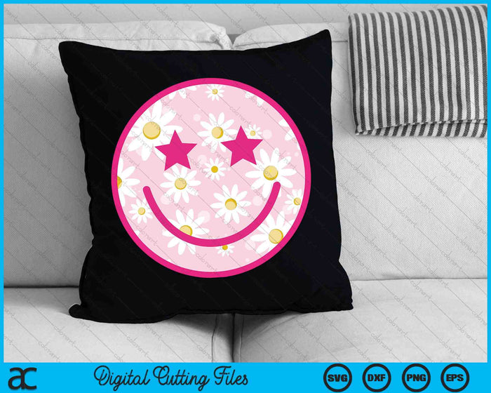 Divertido rosa cara feliz margarita flor sonrisa cara moda SVG PNG archivo de corte digital