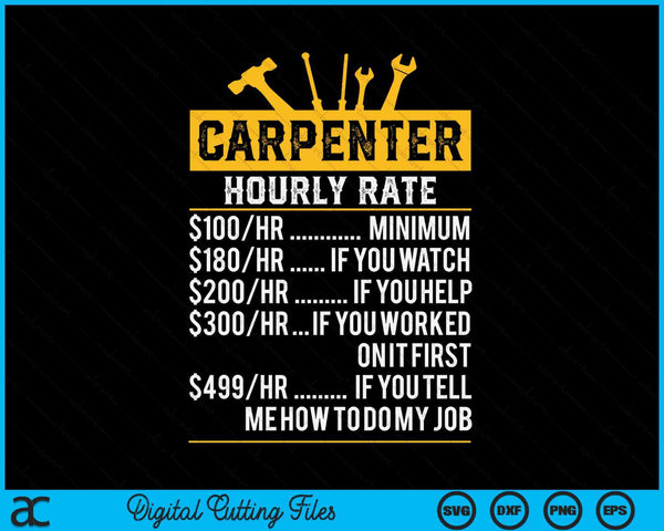 Funny Vintage Carpenter Apparel Woodworking Hourly Rate SVG PNG Digital Cutting Files