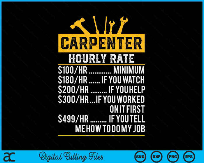 Funny Vintage Carpenter Apparel Woodworking Hourly Rate SVG PNG Digital Cutting Files