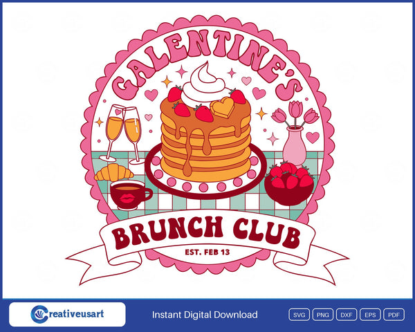Galentines Brunch Club SVG, pink scalloped badge with a pancake stack, mimosas, croissant and tulips on a brunch table