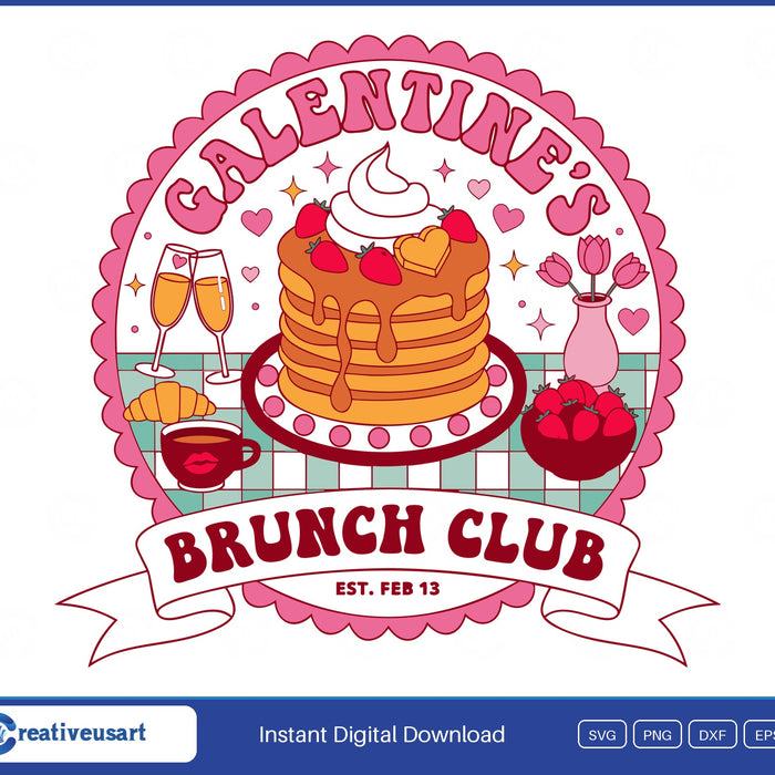 Galentines Brunch Club SVG, pink scalloped badge with a pancake stack, mimosas, croissant and tulips on a brunch table