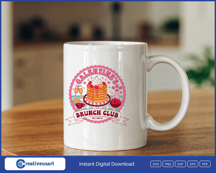 Galentines Brunch Club pancakes mimosas design on a white coffee mug