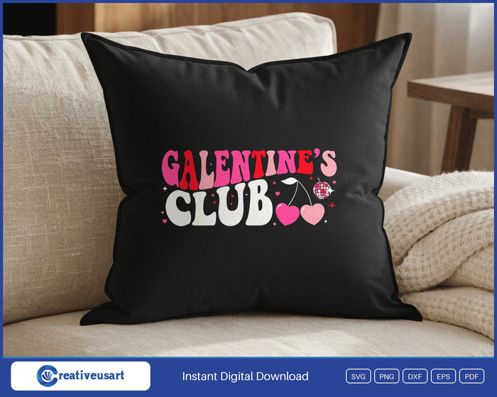 Galentines Club design on a black throw pillow