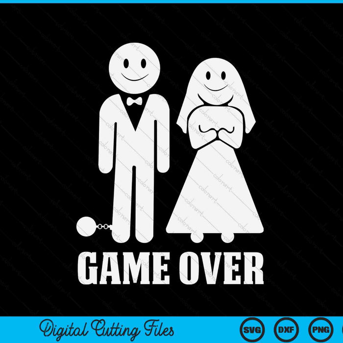 Game over with a stick figure bride and a groom in a ball and chain, bachelor SVG