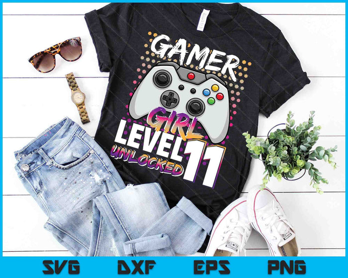 Gamer Girl niveau 11 ontgrendeld videospel 11e verjaardagscadeau SVG PNG digitale snijbestanden