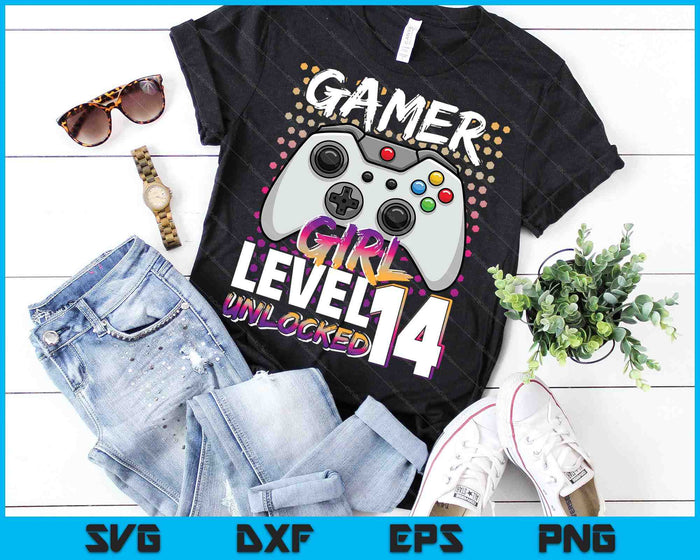 Gamer Girl niveau 14 ontgrendeld videospel 14e verjaardagscadeau SVG PNG digitale snijbestanden