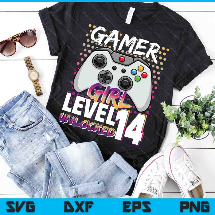 Gamer Girl niveau 14 ontgrendeld videospel 14e verjaardagscadeau SVG PNG digitale snijbestanden