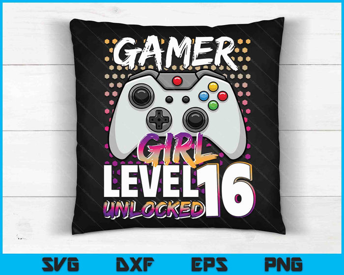 Gamer Girl niveau 16 ontgrendeld videospel 16e verjaardagscadeau SVG PNG digitale snijbestanden