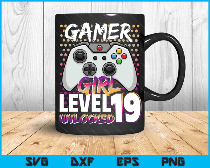 Gamer Girl niveau 19 ontgrendeld videospel 19e verjaardagscadeau SVG PNG digitale snijbestanden