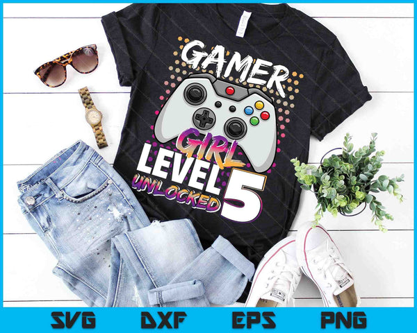 Gamer Girl niveau 5 ontgrendeld videospel 5e verjaardagscadeau SVG PNG digitale snijbestanden