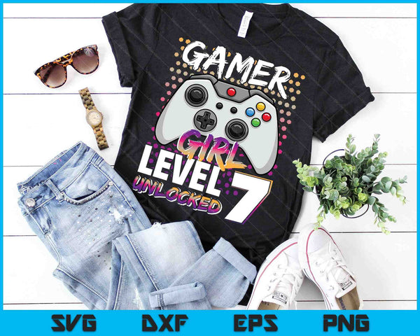 Gamer Girl niveau 7 ontgrendeld videogame 7e verjaardagscadeau SVG PNG digitale snijbestanden