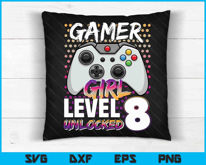 Gamer Girl niveau 8 ontgrendeld videospel 8e verjaardag cadeau SVG PNG digitale snijbestanden