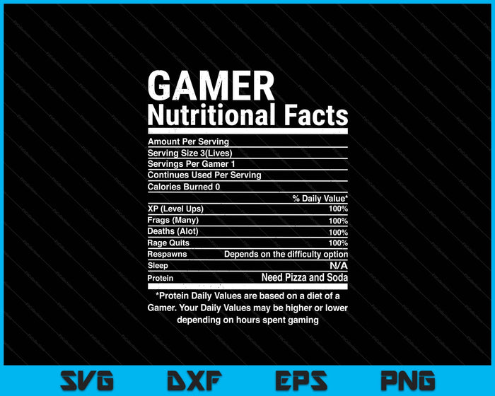 Gamer Nutrition Facts Video Games Computer Nerd SVG PNG Digital Printable Files