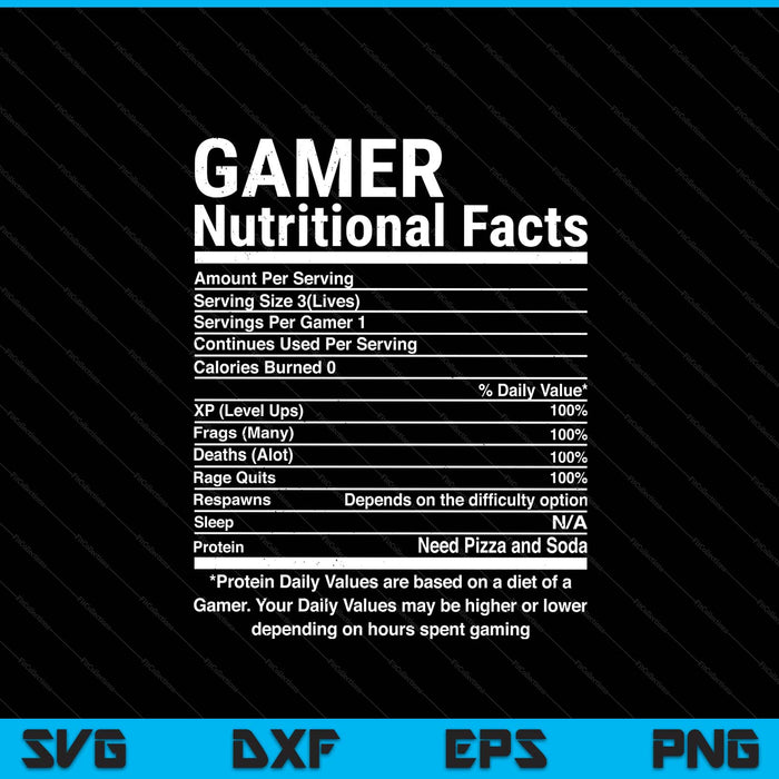 Gamer nutrition facts video games computer nerd SVG cut file