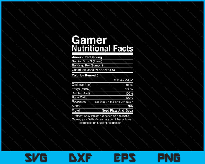 Datos nutricionales del jugador Cool Gamer Videojuego SVG PNG Archivos de corte digital
