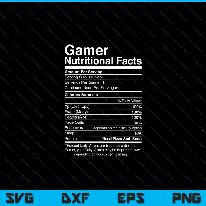 Gamer Nutritional Facts Cool Gamer Video Game SVG PNG Digital Cutting Files