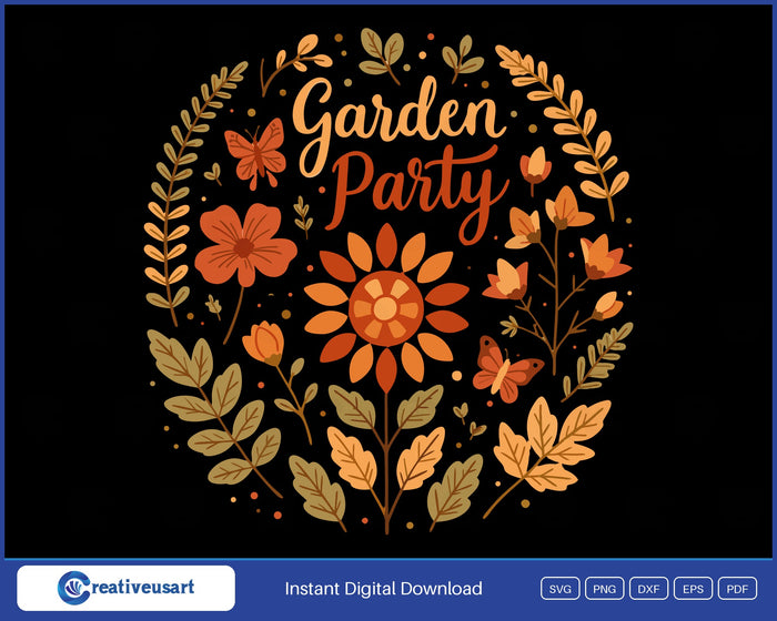 Garden Party SVG design with sunflower and butterflies on black background