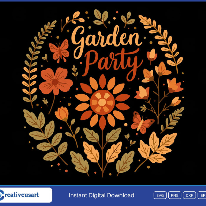 Garden Party Sunflower And Butterflies SVG - Garden Party design with sunflower and butterflies on black background