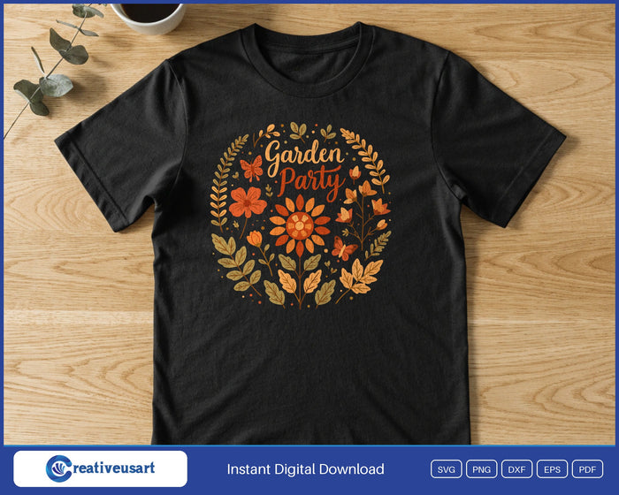 An orange flower wreath with butterflies and leaves around the script words Garden Party, on a black t-shirt