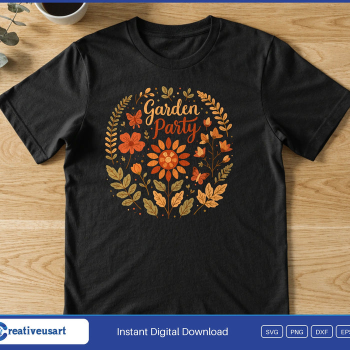 An orange flower wreath with butterflies and leaves around the script words Garden Party, on a black t-shirt
