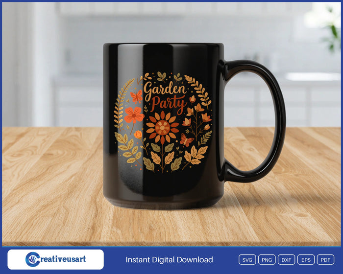 Garden Party sunflower and butterfly SVG design on a black coffee mug