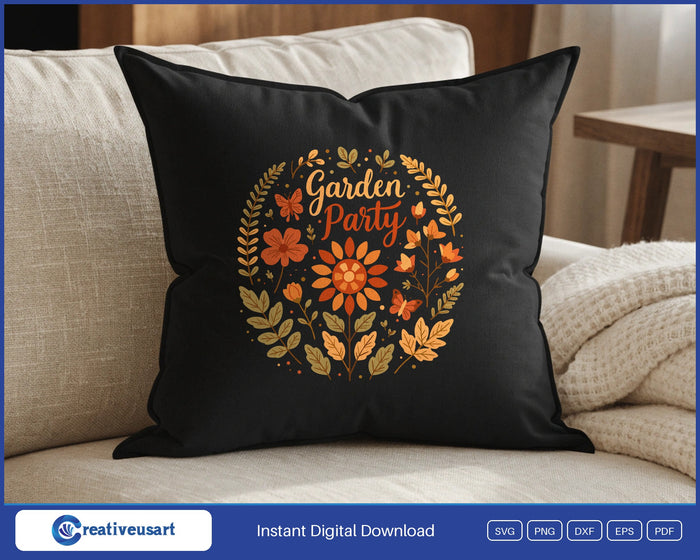 Garden Party sunflower and butterfly SVG design on a black throw pillow