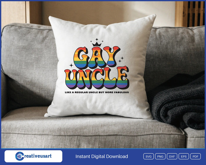 Gay Uncle rainbow design on a white throw pillow