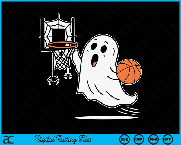 Ghost dunking a basketball into a hoop with a spider web net, Halloween basketball SVG