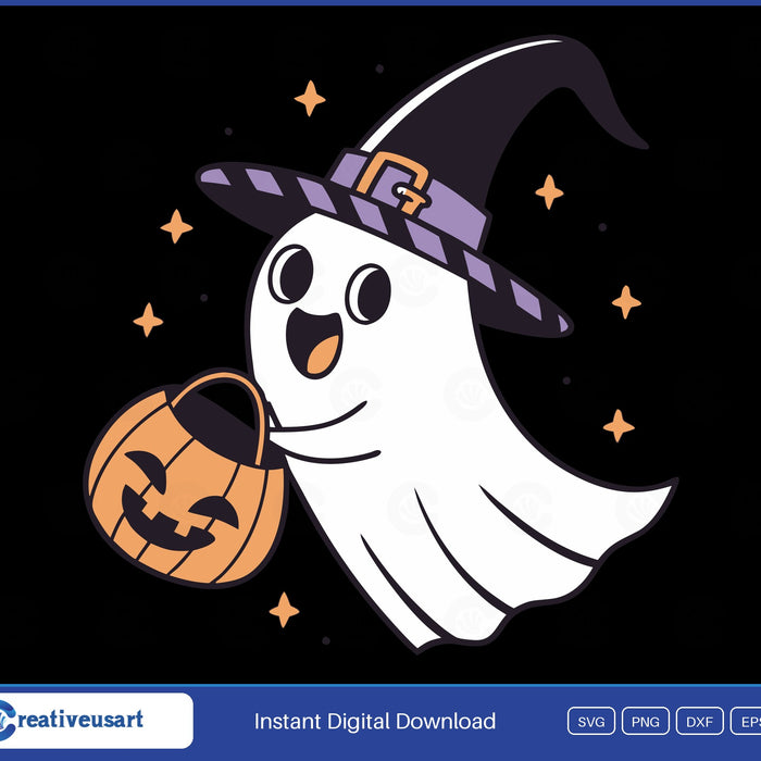 Ghost carrying a trick or treat bucket SVG design on black background