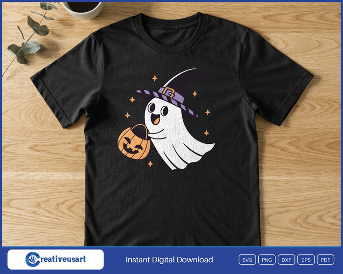 Ghost with trick or treat bucket SVG printed on a black t-shirt