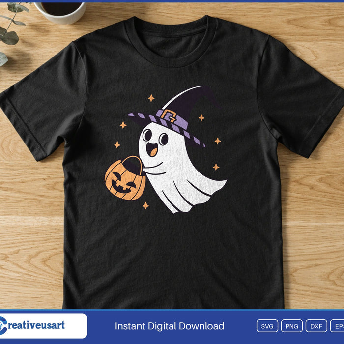 A ghost in a purple witch hat holding a jack-o-lantern candy bucket, with small stars, on a black t-shirt