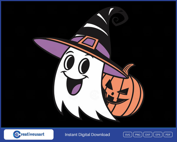 Ghost and pumpkin sharing a witch hat SVG design on black background