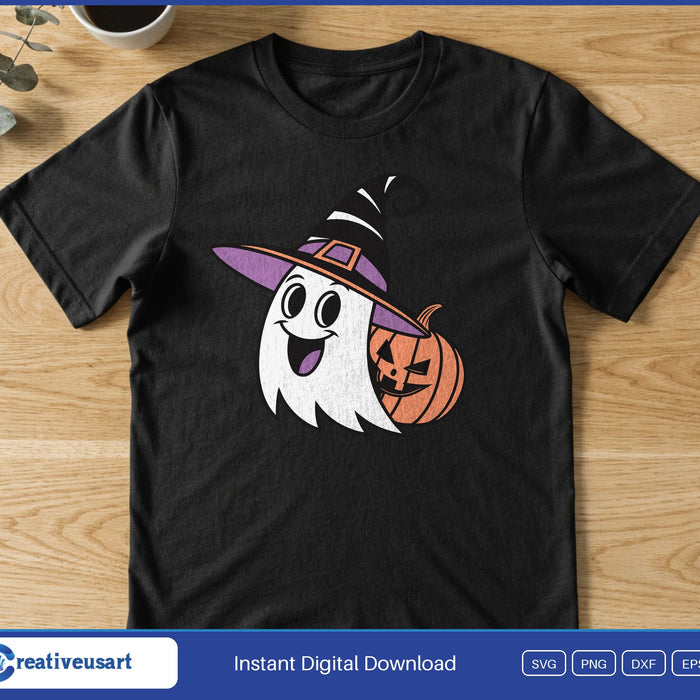 A smiling ghost in a purple witch hat holding a jack-o-lantern, on a black t-shirt