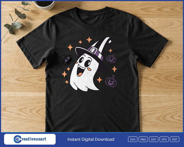Ghost in a Witch Hat with Stars SVG PNG Digital Printable Files - on a t-shirt