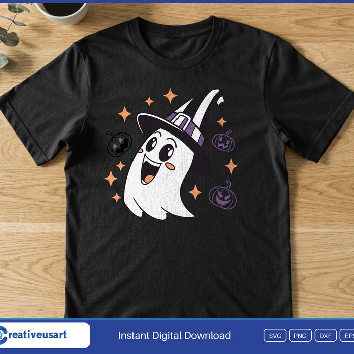 A smiling ghost in a purple witch hat surrounded by orange stars and tiny pumpkins, on a black t-shirt