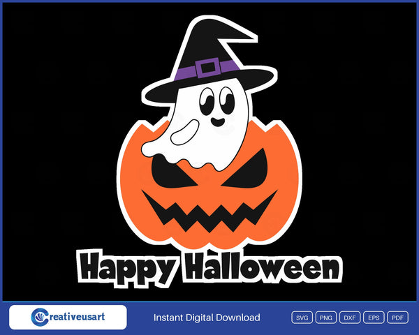 Happy Halloween ghost peeking out of a pumpkin SVG design on black background