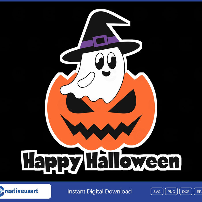 Happy Halloween ghost peeking out of a pumpkin SVG design on black background
