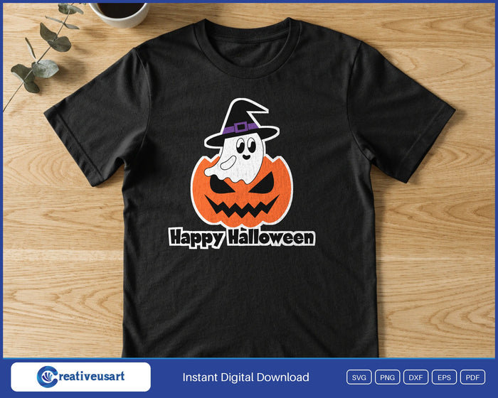 Happy Halloween ghost in a pumpkin SVG printed on a black t-shirt