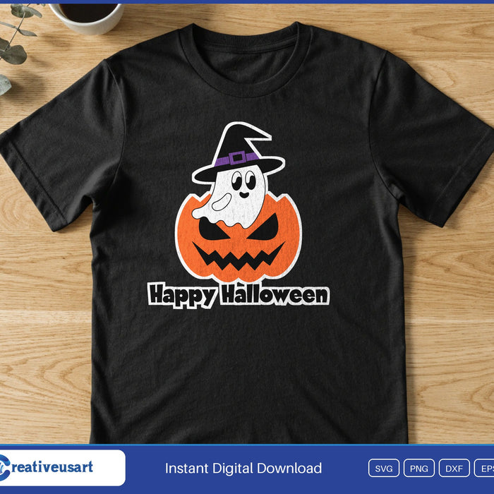 A ghost in a witch hat peeking out of a carved jack-o-lantern, above the words Happy Halloween, on a black t-shirt