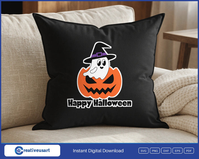 Happy Halloween ghost in a pumpkin SVG design on a black throw pillow