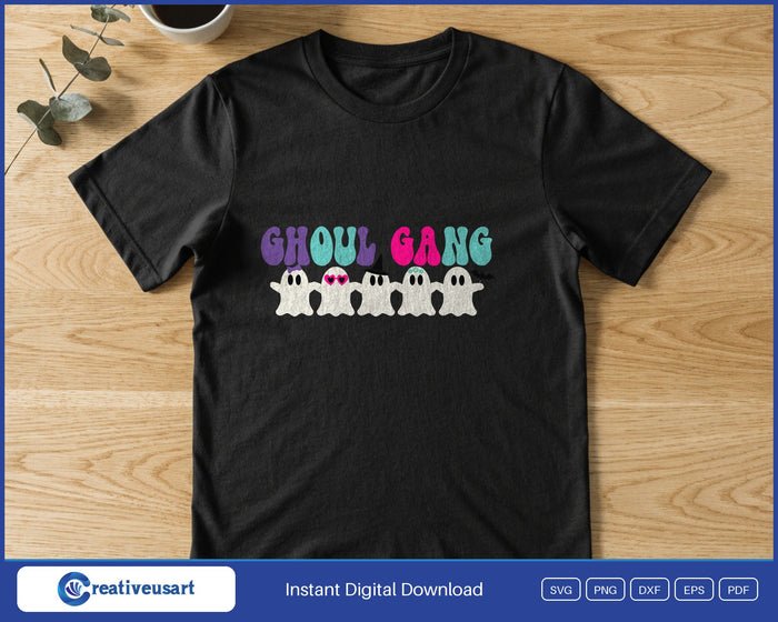 Ghoul Gang matching Halloween ghosts SVG printed on a black t-shirt, for a matching friends or family group