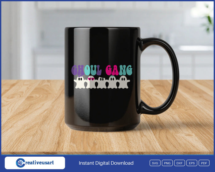 Ghoul Gang matching Halloween ghosts SVG design on a black coffee mug