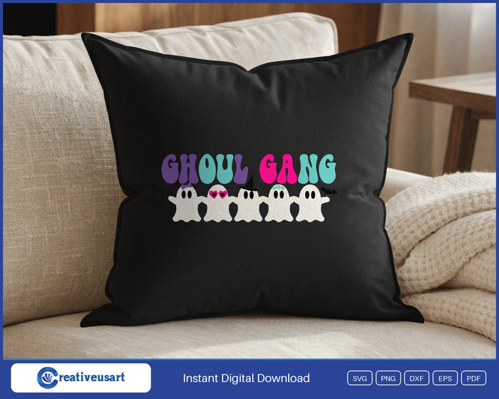 Ghoul Gang matching Halloween ghosts SVG design on a black throw pillow