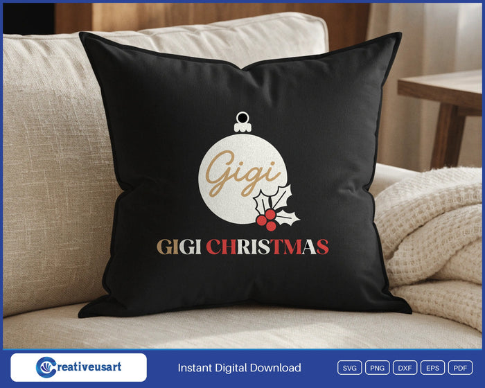 Gigi Christmas with the name Gigi in script inside a holly ornament SVG design on a black throw pillow