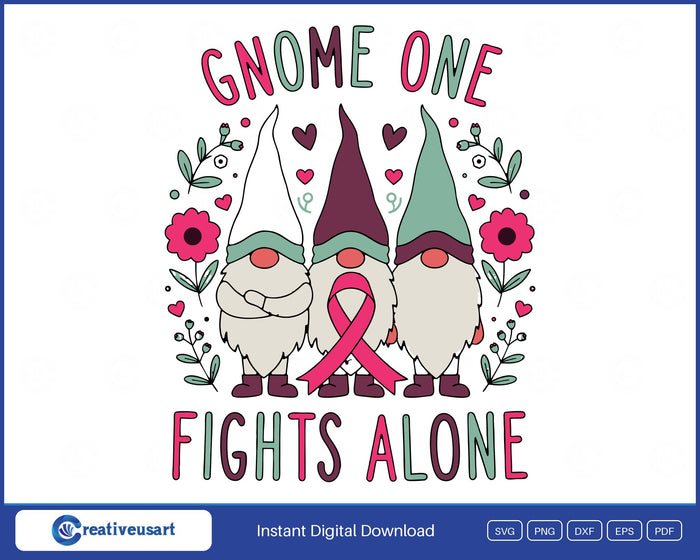 Gnome One Fights Alone, three gnomes holding a pink ribbon among flowers and hearts SVG design on a white background