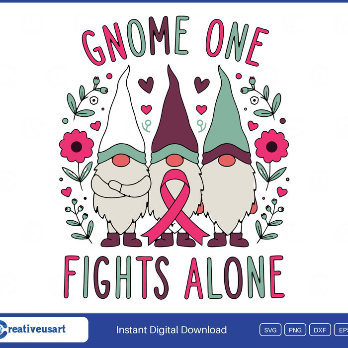 Gnome One Fights Alone, three gnomes holding a pink ribbon among flowers and hearts SVG design on a white background
