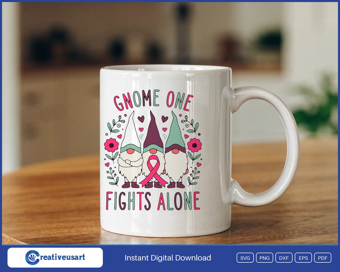 Gnome One Fights Alone, three gnomes with a pink ribbon SVG design on a white coffee mug