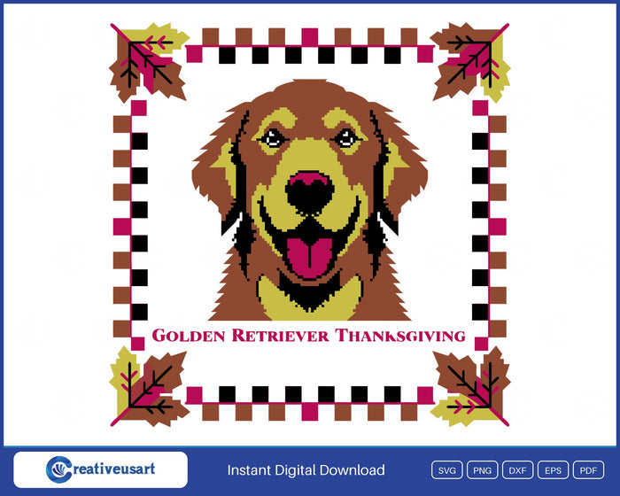 Golden Retriever Thanksgiving woodblock print style portrait SVG design on a white background