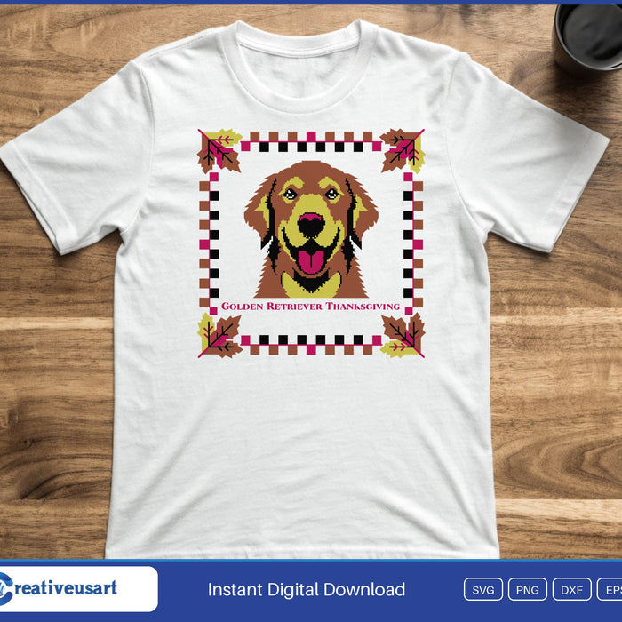 Golden Retriever Thanksgiving woodblock print style portrait SVG printed on a white t-shirt